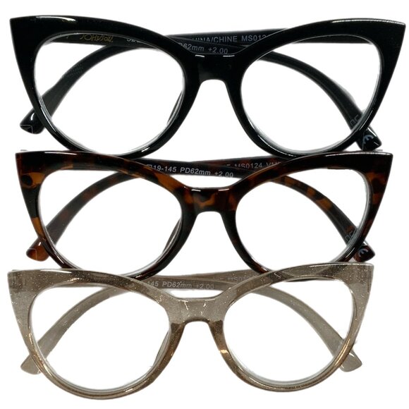 NIP! Betsey Johnson 3 pack Reading Glasses Cat Eye Black Tortoise Glitter +2.00 - Picture 2 of 5